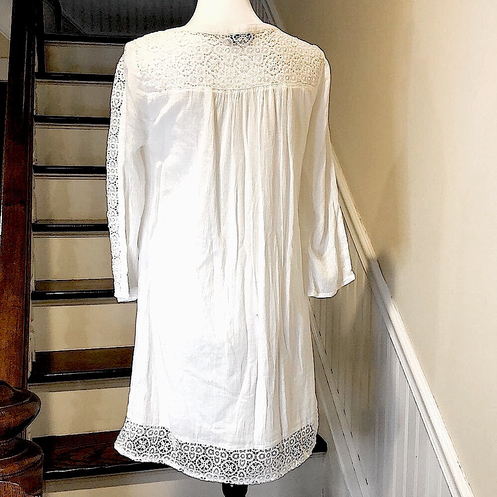 LUCKY BRAND Fully Lined White Crochet Long Sleeve Tunic w Tassels Sz Small - Picture 2 of 16